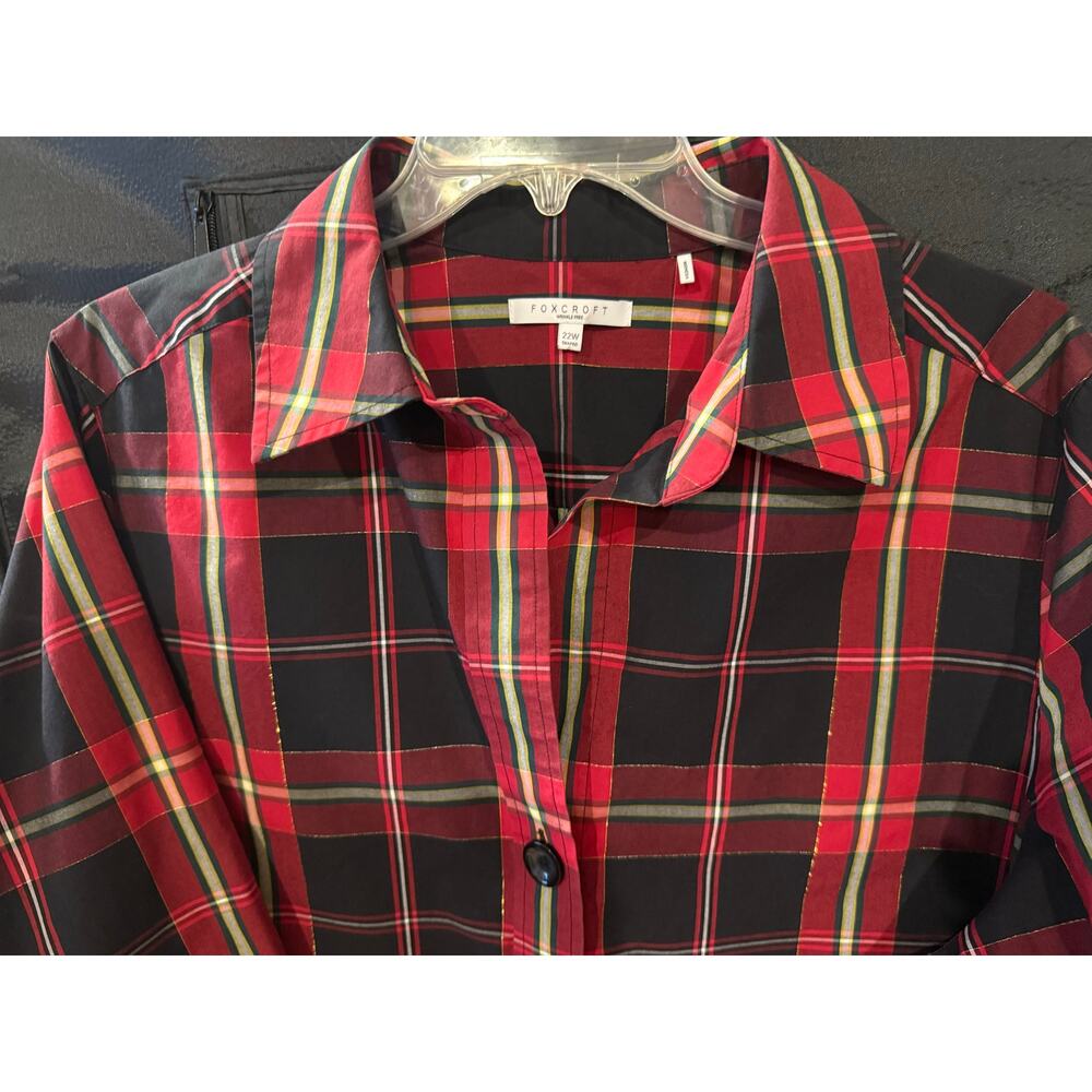 Foxcroft Wrinkle Free Size 22W Shaped Gingham plaid button up Women's Shirt Gold